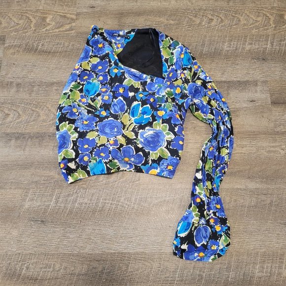 ZARA | Floral Asymmetrical One Sleeve Open Back Top | Sz. M - Picture 5 of 7